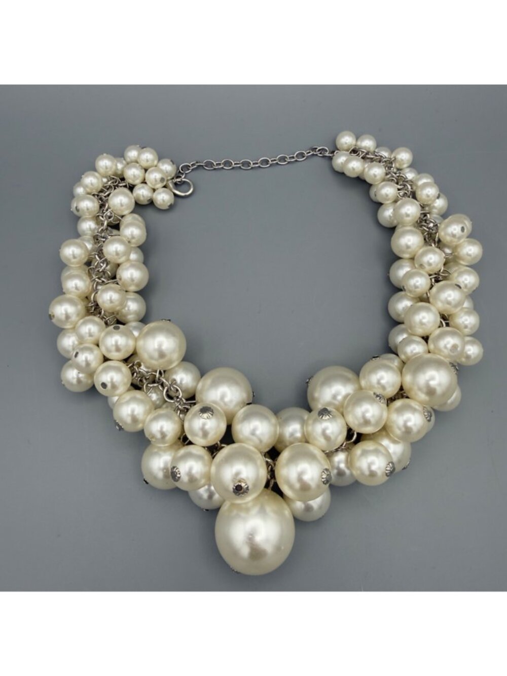 Faux Pearl Bib Necklace Chunky Bubble Cluster Statement Collar Silver Tone 16" - Picture 9 of 9
